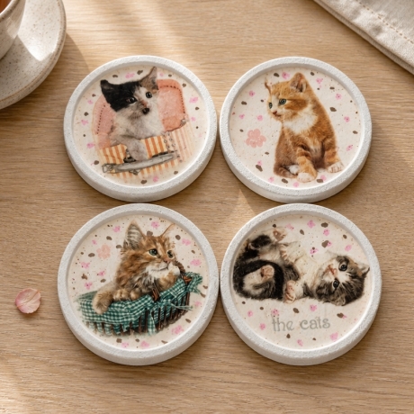 4er KorkUntersetzer Set  ⌀ 10 cm - KatzenMotiven