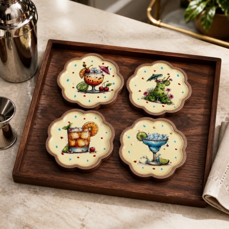 4er HolzUntersetzer Set  ⌀ 11,5 cm mit Rand rustikaler Stil