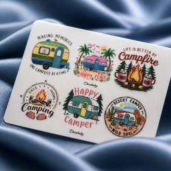6 RUB Ons Sticker,  randlose Sticker - Camping 