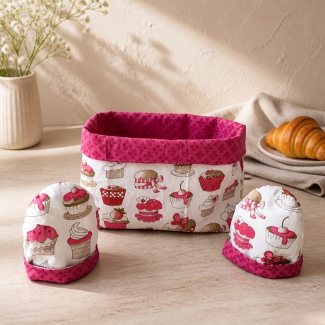 1 Utensilo + 2 runde Eierwärmern  Frühstückskorb Unikat - Muffins