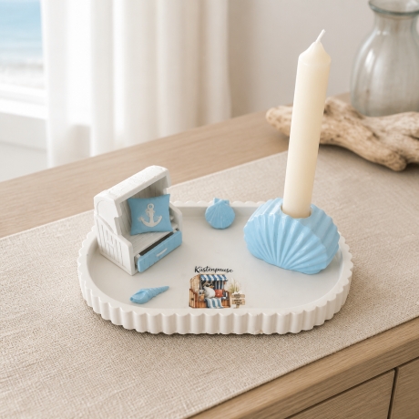 Dekotablett + Strandkorb + Kerzendeko handgemacht - hellblau 