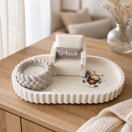 Dekotablett + Sessel „Urlaub“+ Kerzendeko handgemacht - beige