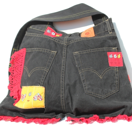 Unikat Jeans Tasche Schwarz Bunt, Black Denim Boho Umhängetasche