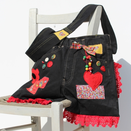 Unikat Jeans Tasche Schwarz Bunt, Black Denim Boho Umhängetasche