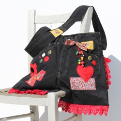 Unikat Jeans Tasche Schwarz Bunt, Black Denim Boho Umhängetasche