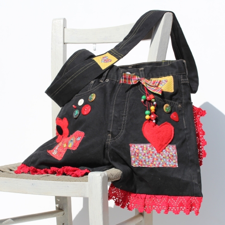 Unikat Jeans Tasche Schwarz Bunt, Black Denim Boho Umhängetasche