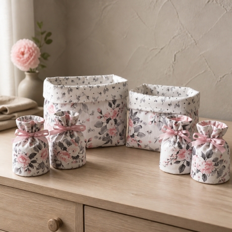 2 Utensilo + 4 Eierwärmern  Frühstückskorb Unikat - Rosen Pastell