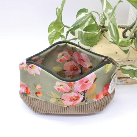 Universal-/Kosmetiktasche Blumen Rosa Grün Braun Handmade Unikat