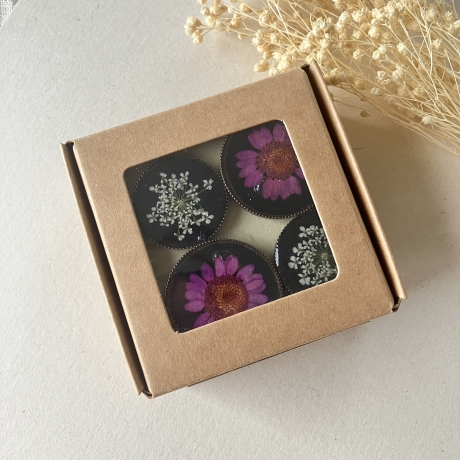 4 dekorative Vintage Magnete mit gepressten Blumen (B-Ware)