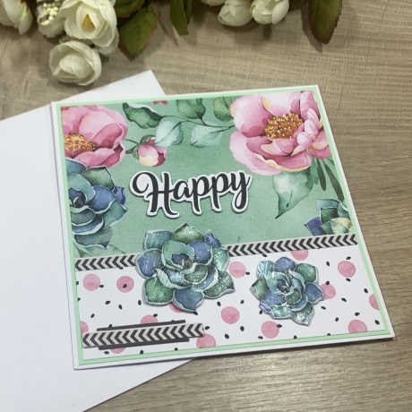 Karte - Happy - Sukkulenten und Wildrosen - Grußkarte