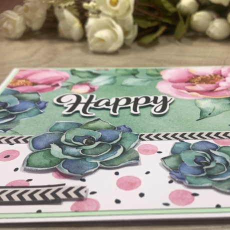 Karte - Happy - Sukkulenten und Wildrosen - Grußkarte
