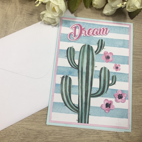 Karte - Dream - großer Kaktus - rosa Blüten 