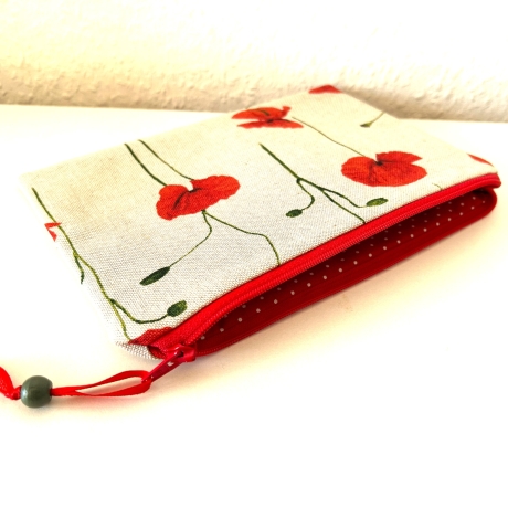 Flaches Schminktäschchen beige Mohnblumen 21x14cm