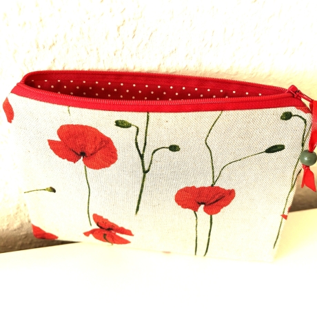 Flaches Schminktäschchen beige Mohnblumen 21x14cm