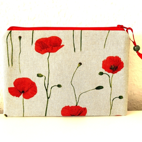 Flaches Schminktäschchen beige Mohnblumen 21x14cm