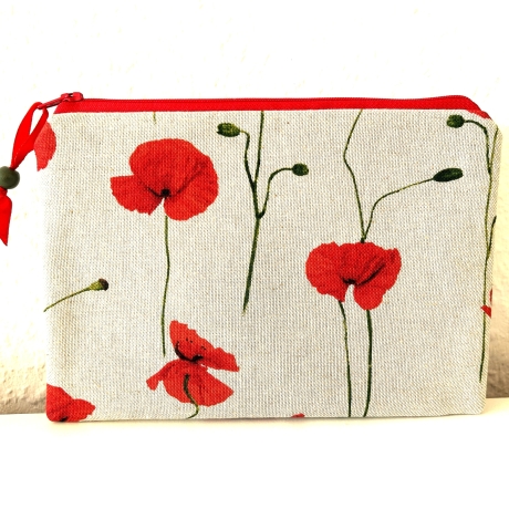 Flaches Schminktäschchen beige Mohnblumen 21x14cm
