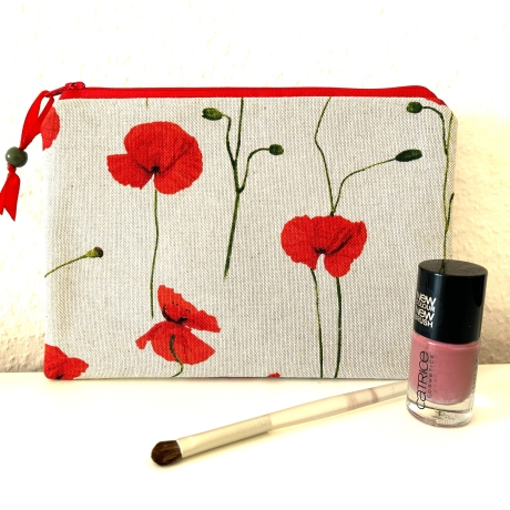 Flaches Schminktäschchen beige Mohnblumen 21x14cm