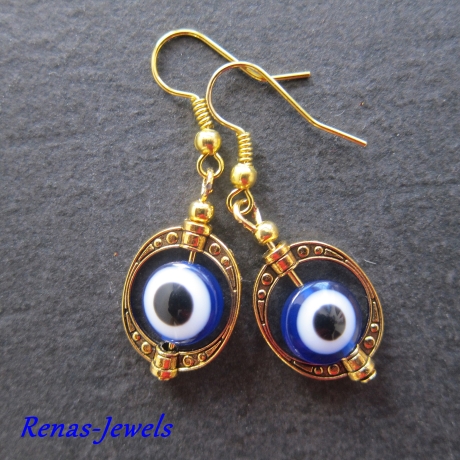 Perlen Ohrhänger Türkisches Auge blau weiß goldfarben Ohrringe
