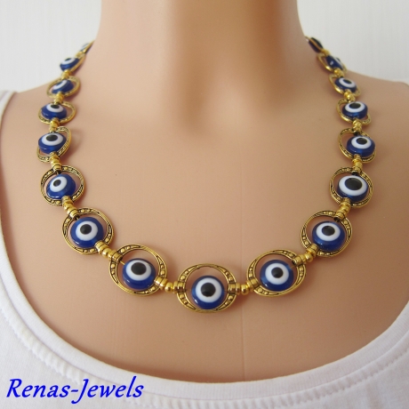 Perlenkette Türkisches Auge Collier Perlen Kette blau weiß