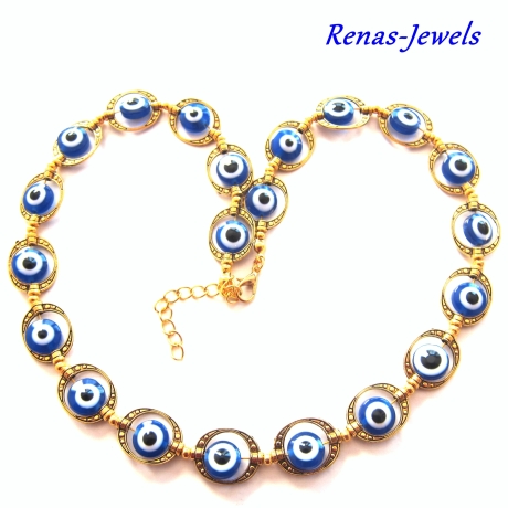 Perlenkette Türkisches Auge Collier Perlen Kette blau weiß