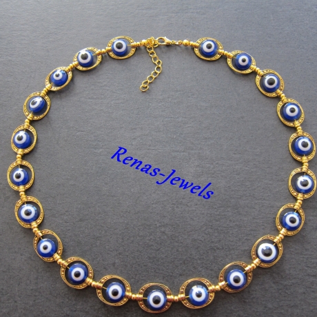 Perlenkette Türkisches Auge Collier  Perlen Kette blau weiß