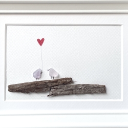 Seeglas Bild Liebe Vögel auf Ast mit Herz gerahmtes Unikat