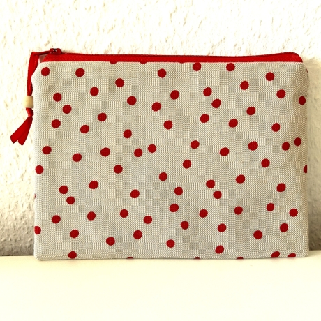 Schminktäschchen Etui beige rote Punkte 20x14cm