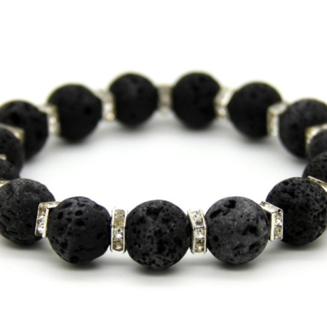 Lava-Kugel-Armband (elastisch) in Schwarz mit Strass-Elementen
