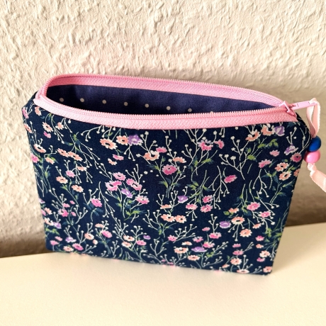 Schminktäschchen Etui Dunkelblau Rosa Violett Blümchen 18x14cm