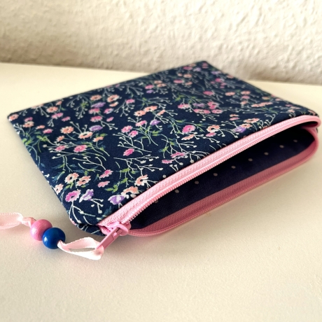 Schminktäschchen Etui Dunkelblau Rosa Violett Blümchen 18x14cm