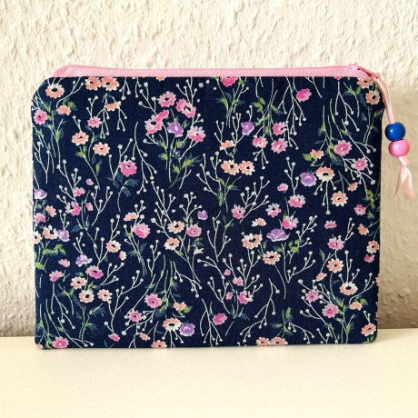 Schminktäschchen Etui Dunkelblau Rosa Violett Blümchen 18x14cm