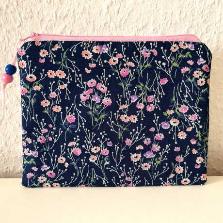 Schminktäschchen Etui Dunkelblau Rosa Violett Blümchen 18x14cm