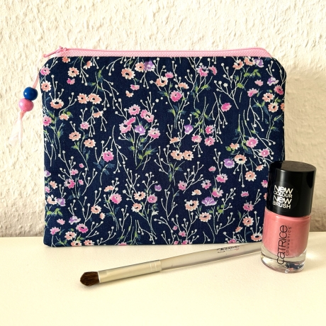 Schminktäschchen Etui Dunkelblau Rosa Violett Blümchen 18x14cm