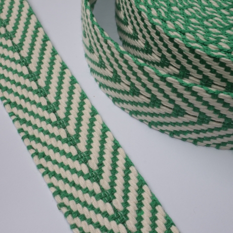 Gurtband Baumwolle Fischgrät grün / natur 40 mm Chevron recycelt
