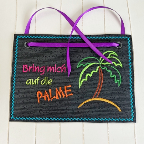 Stickdatei Palme 4x ITH Mugrug Schild mit Spruch und Blanko