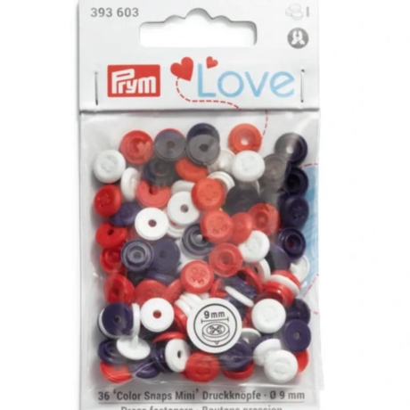 Druckknopf Mini Color Snaps, Prym Love,9mm, Weiss Rot Blau 393603