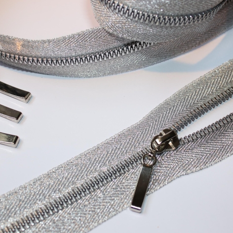Reißverschluss 6 mm silber GLITZER mit Zipper