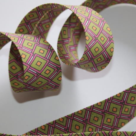 Schrägband Baumwolle fuchsia khaki mit Design 27 mm