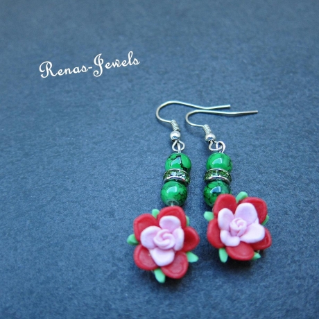 Blumen Ohrhänger grün rot rosa Ohrringe Hippie Ibiza
