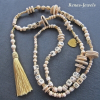 Bettelkette beige goldfarben Holzkette Quaste Holzperlen Kette