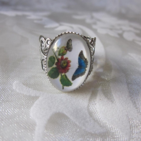 Silberfarbener Ring Vintage Schmetterling blau Bleu