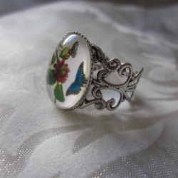 Silberfarbener Ring Vintage Schmetterling blau Bleu