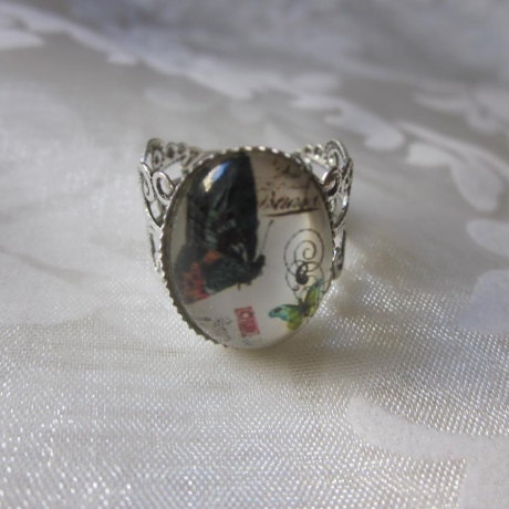Silberfarbener Ring Vintage Schmetterlinge Tendre