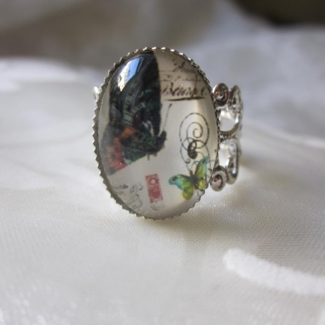 Silberfarbener Ring Vintage Schmetterlinge Tendre