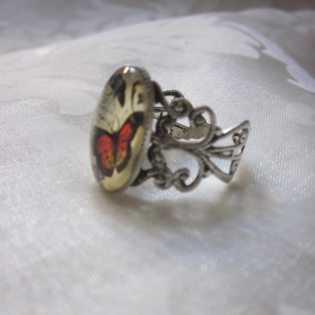 Silberfarbener Ring Vintage Schmetterling rot Rouge