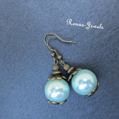Perlen Ohrhänger hellblau bronzefarbig