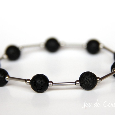 Lava-Kugel-Armband (elastisch) in Schwarz mit Edelstahl-Elementen