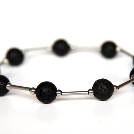 Lava-Kugel-Armband (elastisch) in Schwarz mit Edelstahl-Elementen