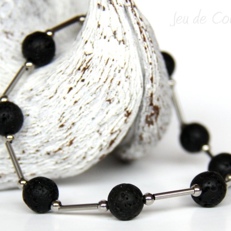 Lava-Kugel-Armband (elastisch) in Schwarz mit Edelstahl-Elementen