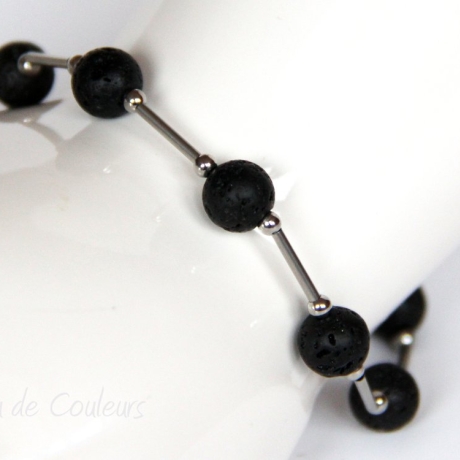 Lava-Kugel-Armband (elastisch) in Schwarz mit Edelstahl-Elementen